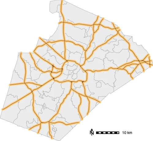 A 500 m buffer (orange) around the major roads.