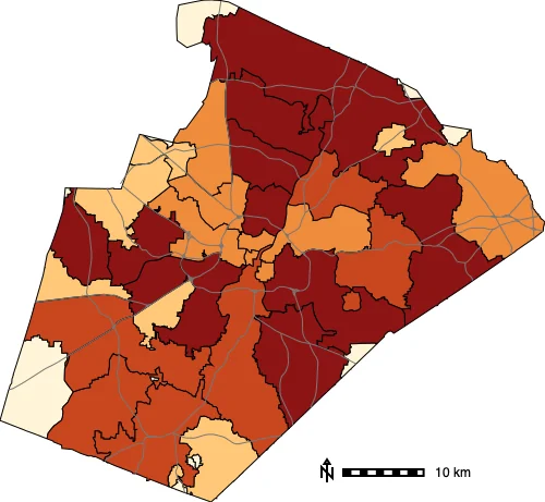 Schools per ZIP code area, classified into five quantiles from light (few) to dark (many).