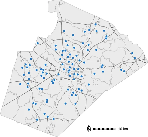 Elementary schools (blue) selected from all schools (gray) by attribute.