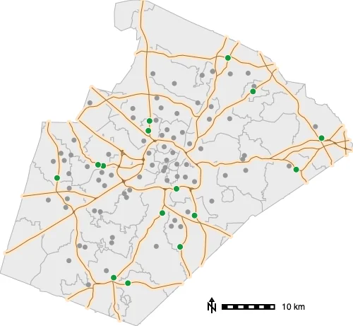 Elementary schools within 500 m of a major road (green) versus the rest (gray).