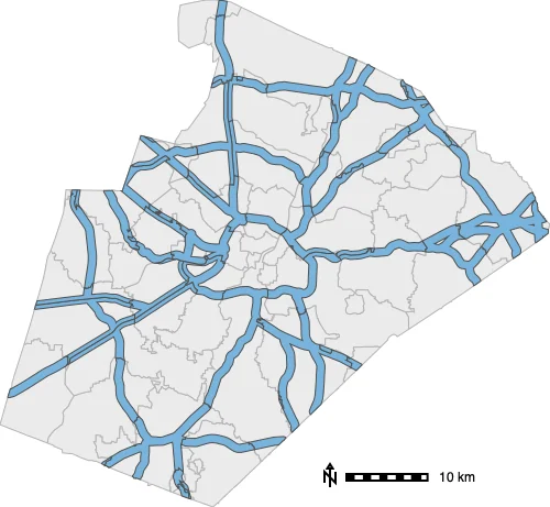 The road buffer intersected with the ZIP code areas; polygons are split at ZIP boundaries.