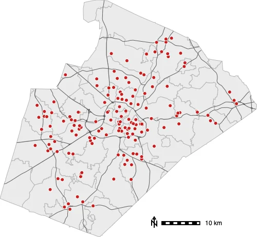 Wake County: ZIP code areas (gray), major roads, and all 167 schools (red).