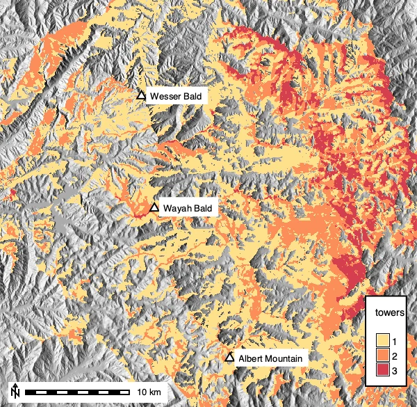 Network detection coverage: terrain seen by one tower (yellow), two (orange), or all three (red).