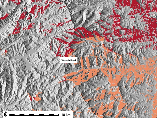 From Wayah Bald: visible standing on the summit (dark red) and the extra area gained from the 16 m tower (orange).