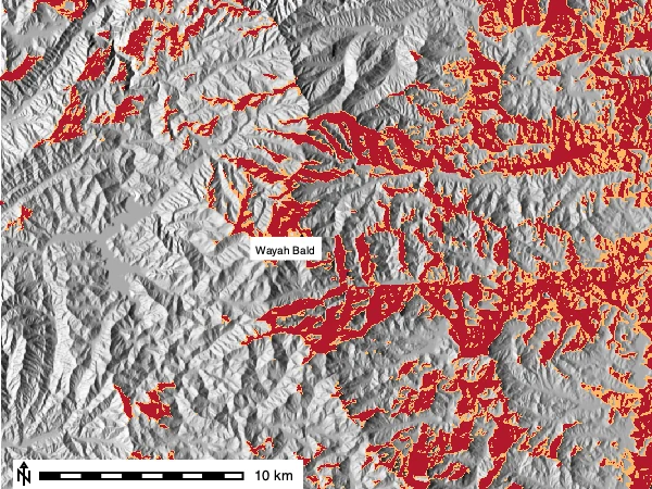 Wayah Bald tower: terrain visible (dark red) and the extra area where a 15 m smoke column is detectable (orange).